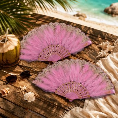 Pink Feather and Lace Folding Hand Fan
