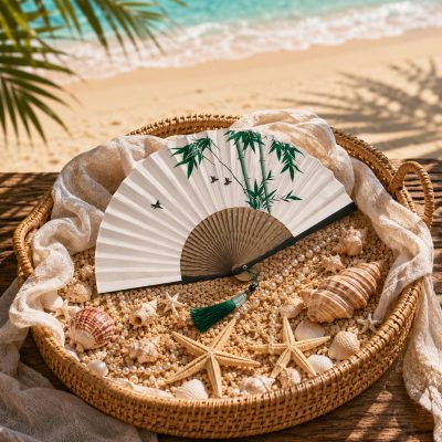 Green Bamboo and Flying Birds Folding Hand Fan