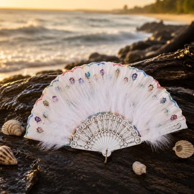White Feather and Floral Lace Folding Hand Fan