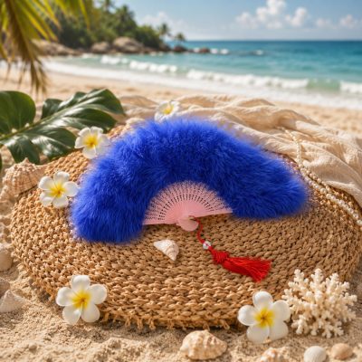 Royal Blue Feather Folding Hand Fan