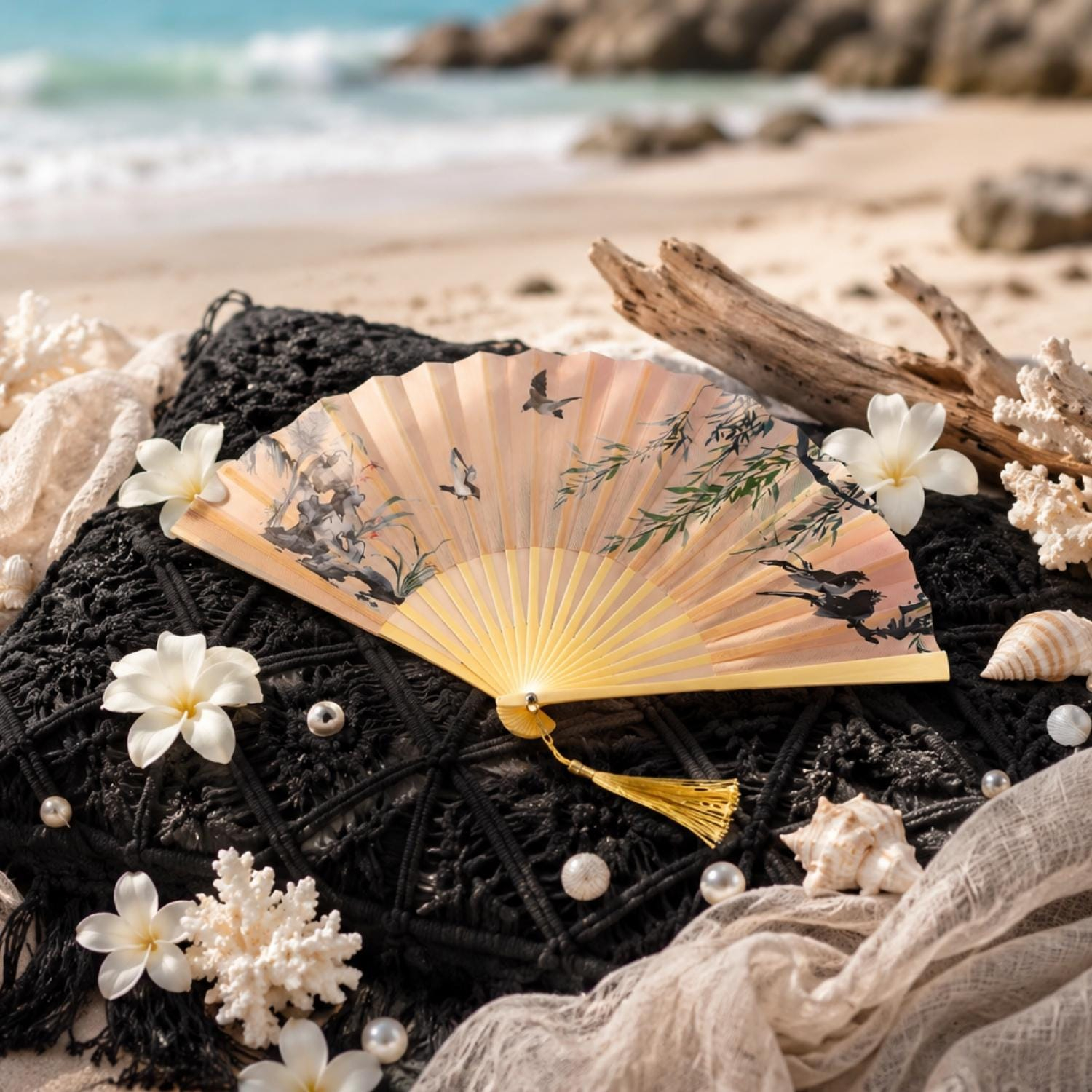 Peach Bamboo and Flying Birds Folding Hand Fan